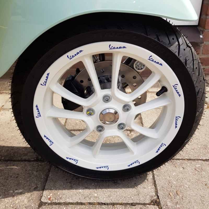 sticker set Piaggio original wheel border complete "WOTHERSPOON" front/rear 12 inch white/blue primavera 50/125/150, sprint 50/1