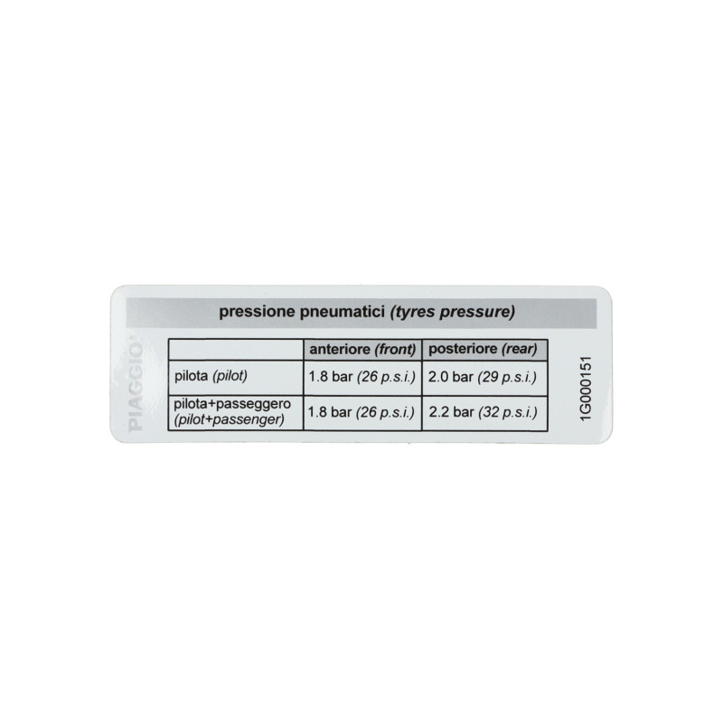 sticker Piaggio origineel bandenspanning primavera, sprint 1g000151